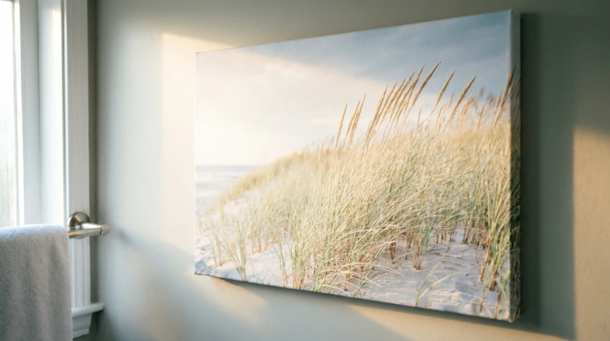 Large canvas print of beach grass on a bathroom wall in soft light
