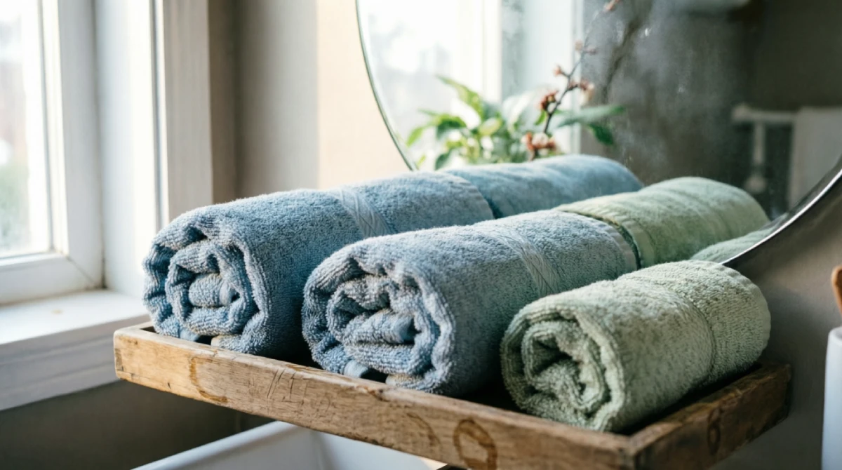 Rolled blue-green towels on an open bathroom shelf in natural light