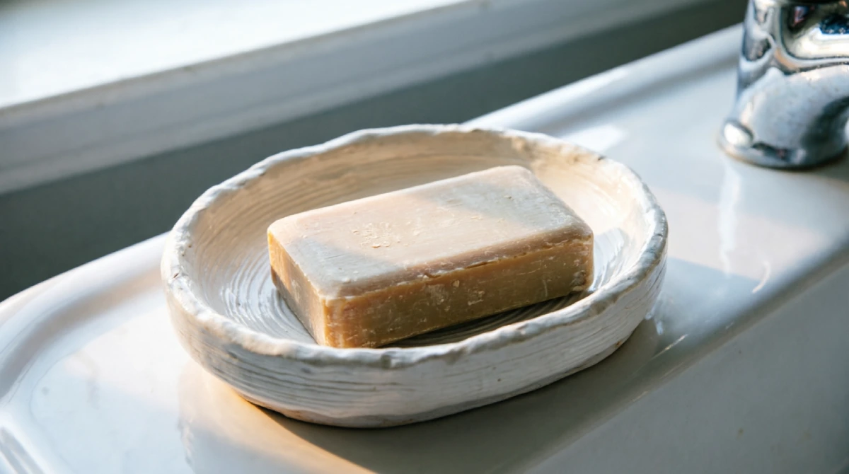 Handmade ceramic soap dish next to a bathroom sink in natural light