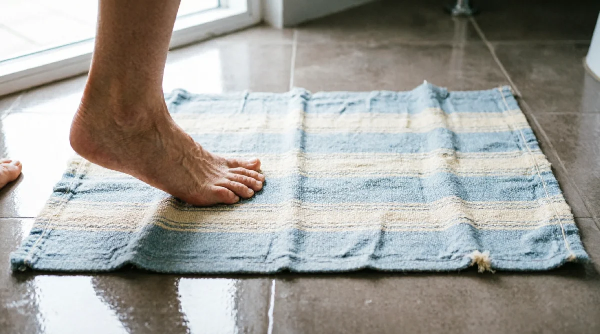 Flatwoven cotton mat in light blue and cream on a bright bathroom floor