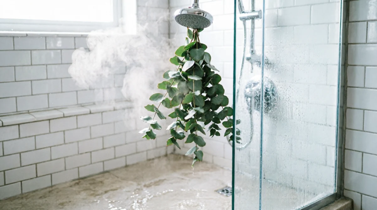 Fresh eucalyptus bundle hanging in a steamy summer bathroom shower