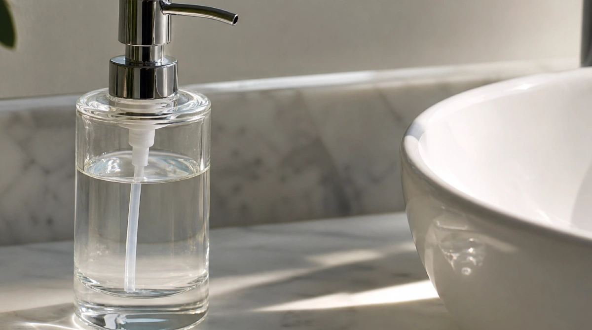 Clear glass soap dispenser on a vanity in natural summer light