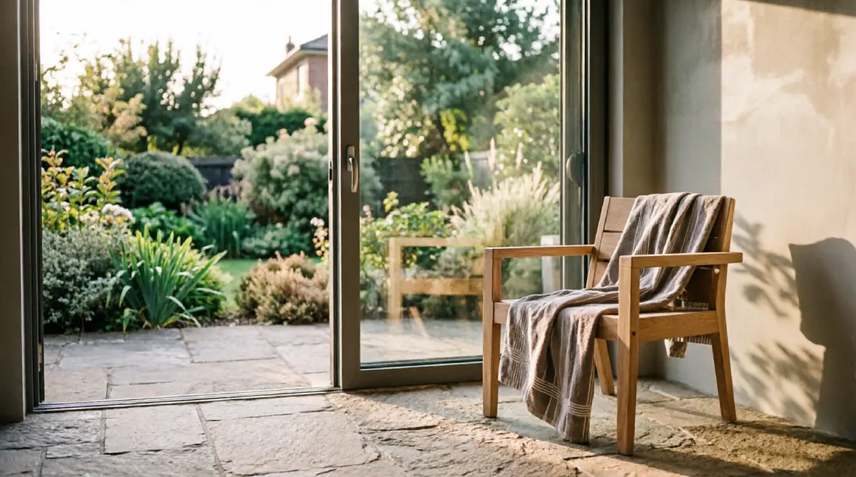 An open bathroom flowing into a private garden, blurring the line between inside and summer outdoors
