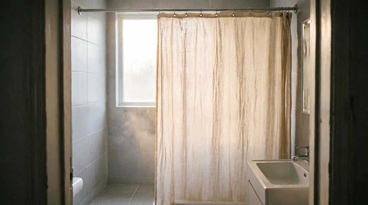 Cream linen shower curtain in a summer bathroom with natural morning light