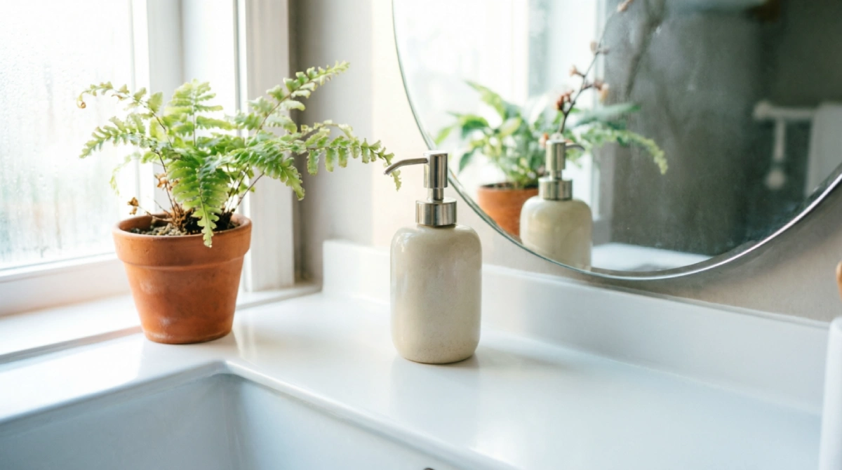 Clear bathroom counter with minimal decor in bright summer light