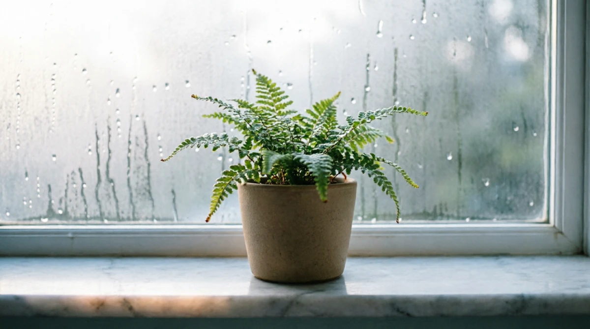 Potted fern on a bathroom windowsill in soft summer morning light