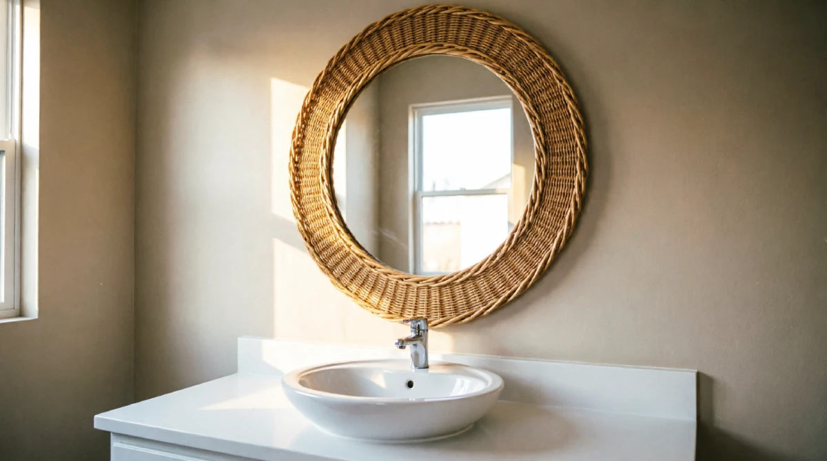 Round rattan mirror reflecting natural light in a summer bathroom