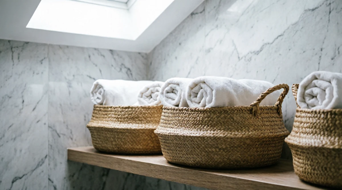 Seagrass baskets holding rolled white towels in a bright summer bathroom