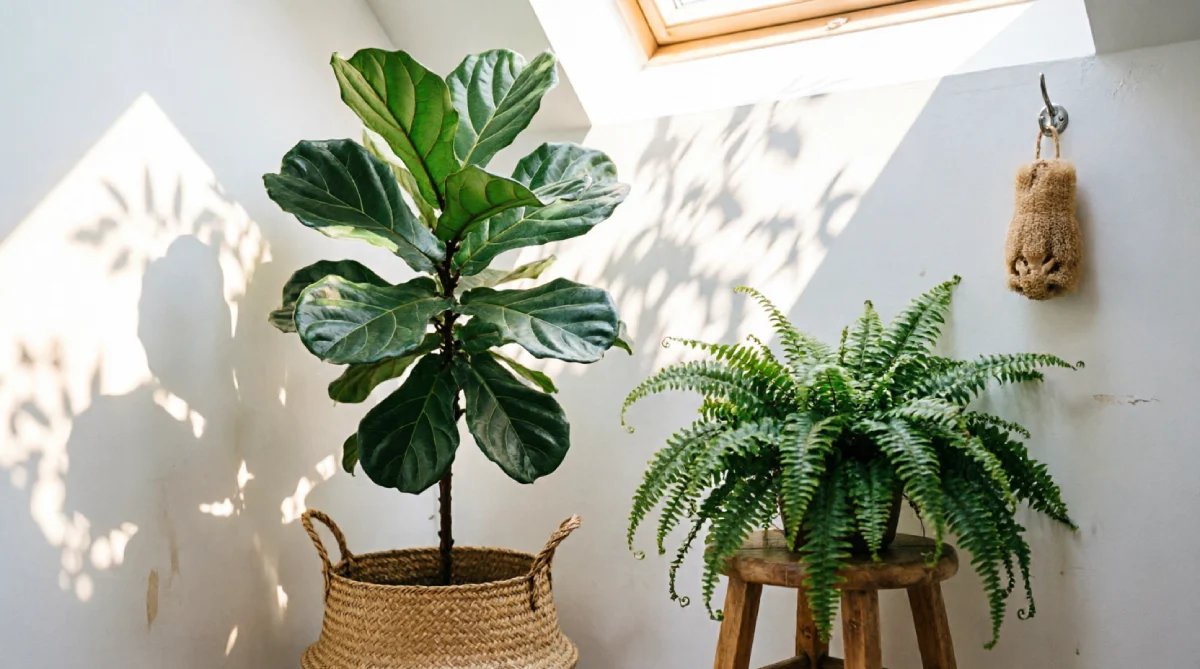 A bathroom corner filled with lush green plants, creating a natural summer spa atmosphere