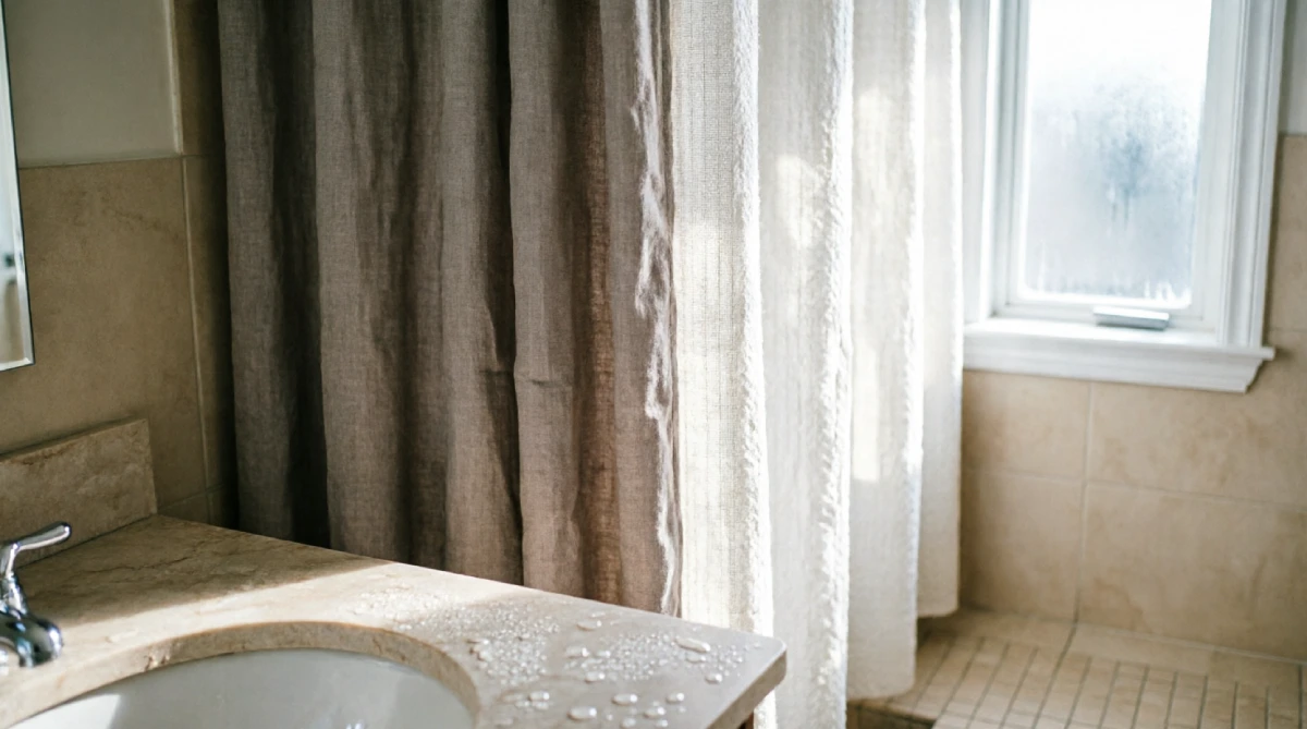 Textured white shower curtain liner in a brightly lit bathroom