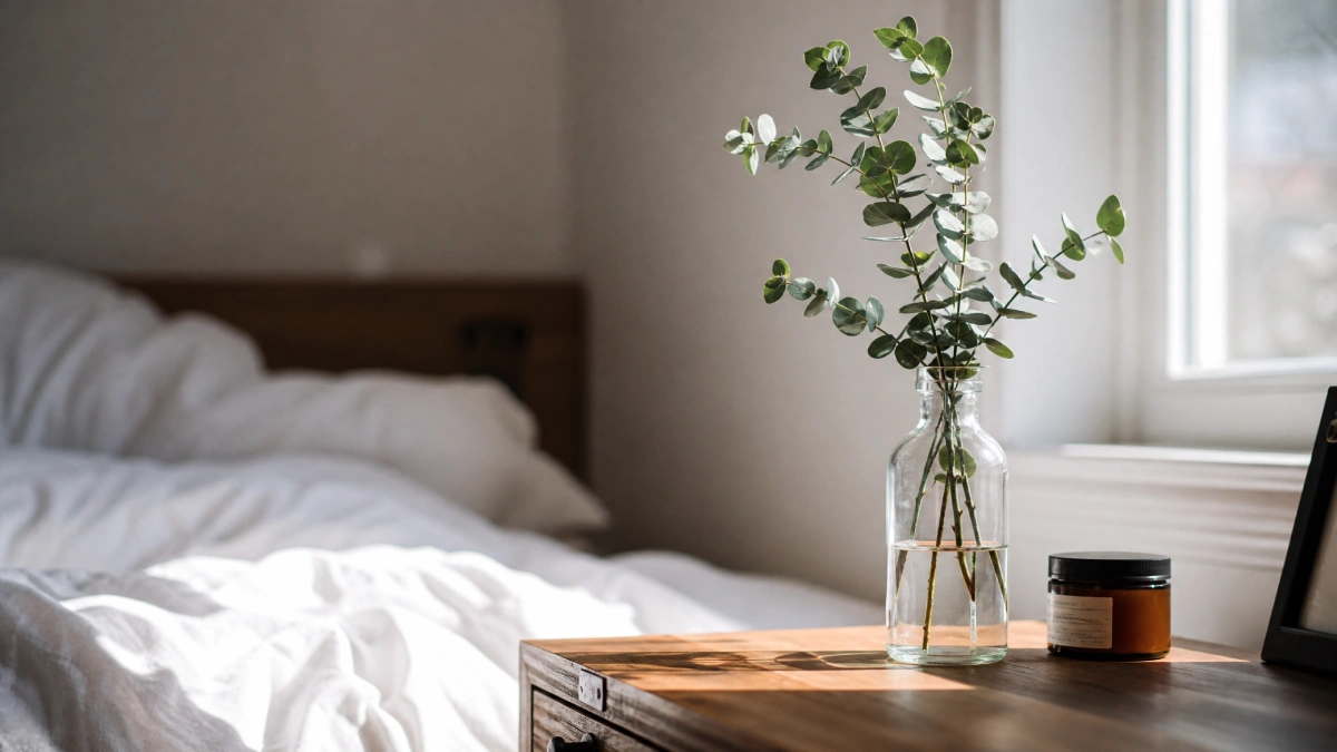 13 Summer Bedroom Decor Ideas That Feel Light and Relaxing - Bedroom - Homedecortoday Fresh eucalyptus in a glass vase on a bedroom nightstand for summer decor