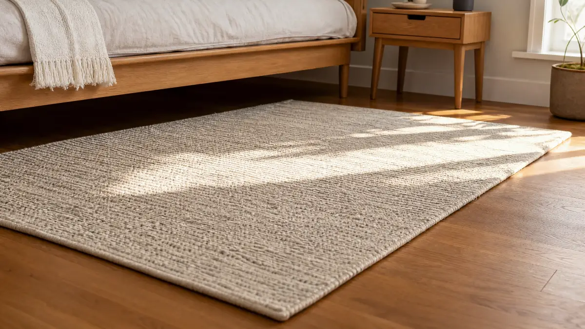 13 Summer Bedroom Decor Ideas That Feel Light and Relaxing - Bedroom - Homedecortoday Light-colored flatweave rug on a bedroom floor for summer decor