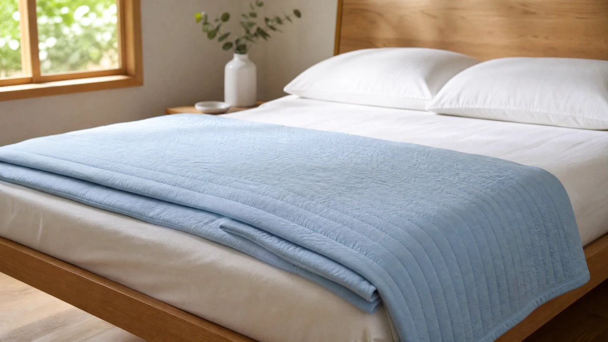 13 Summer Bedroom Decor Ideas That Feel Light and Relaxing - Bedroom - Homedecortoday Thin cotton quilt in pale blue on a bed styled for summer