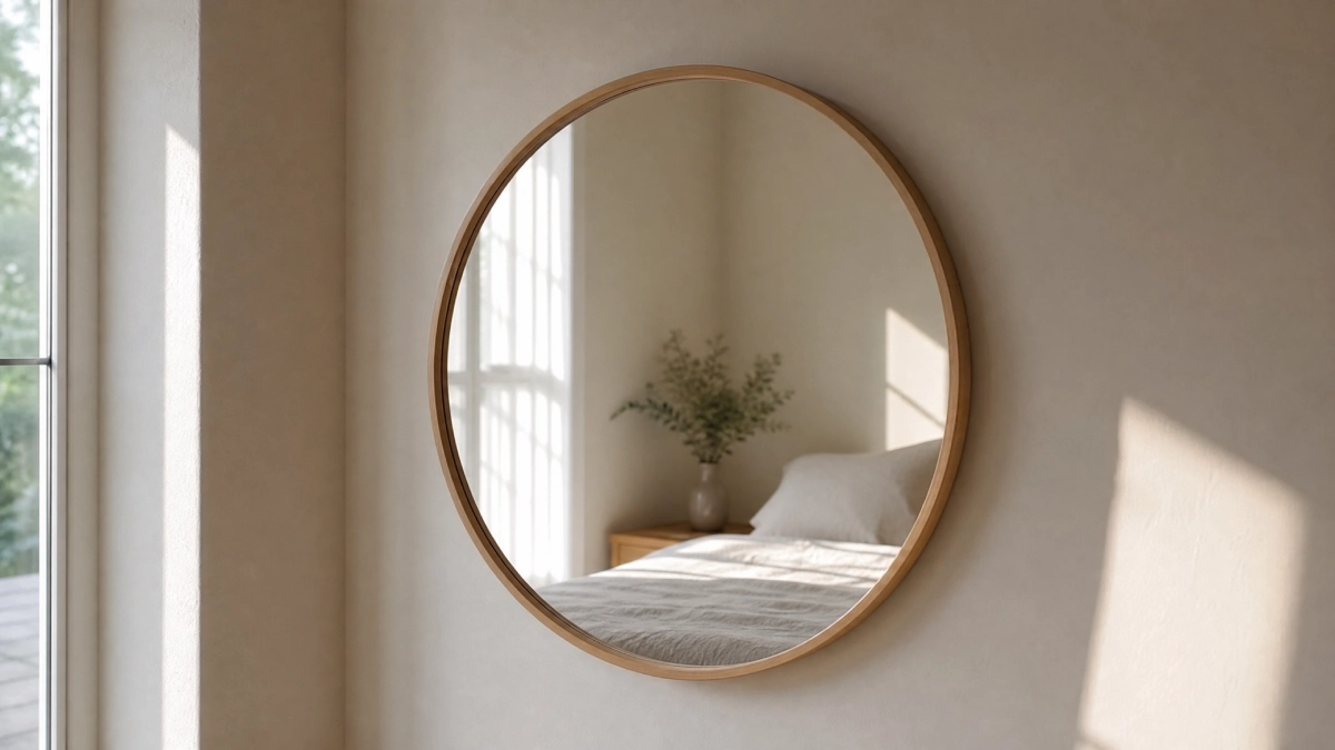 13 Summer Bedroom Decor Ideas That Feel Light and Relaxing - Bedroom - Homedecortoday Round mirror reflecting natural light in a bright summer bedroom