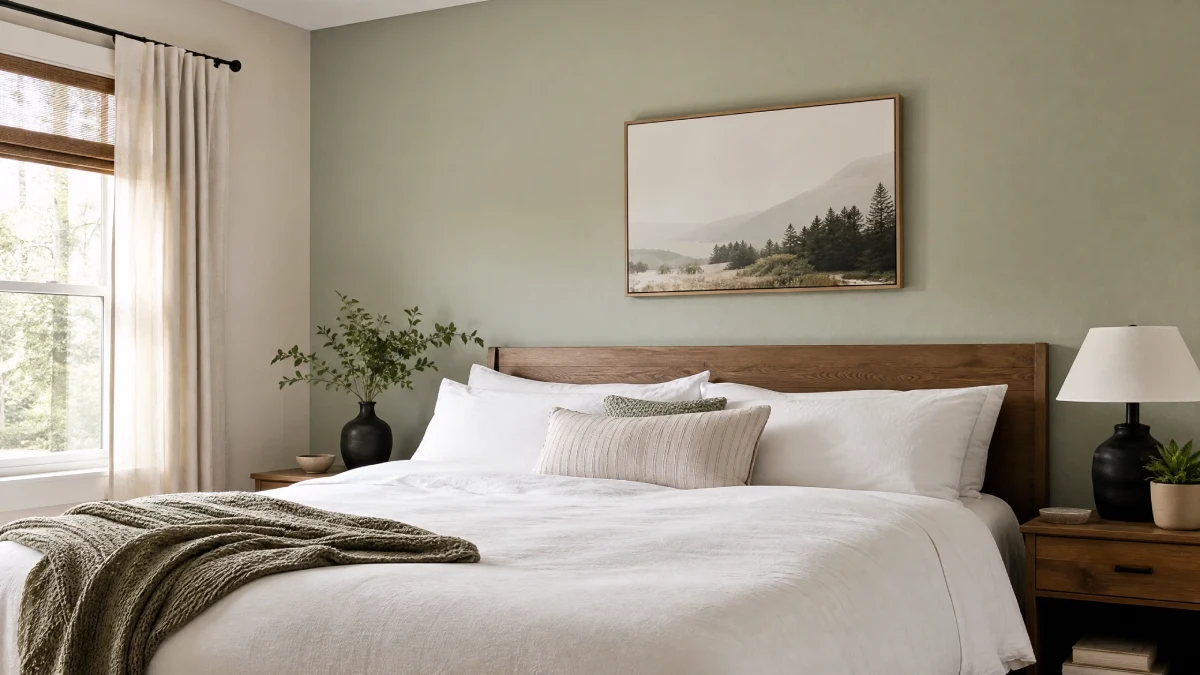 13 Summer Bedroom Decor Ideas That Feel Light and Relaxing - Bedroom - Homedecortoday Bedroom with pale sage green walls creating a cool summer atmosphere