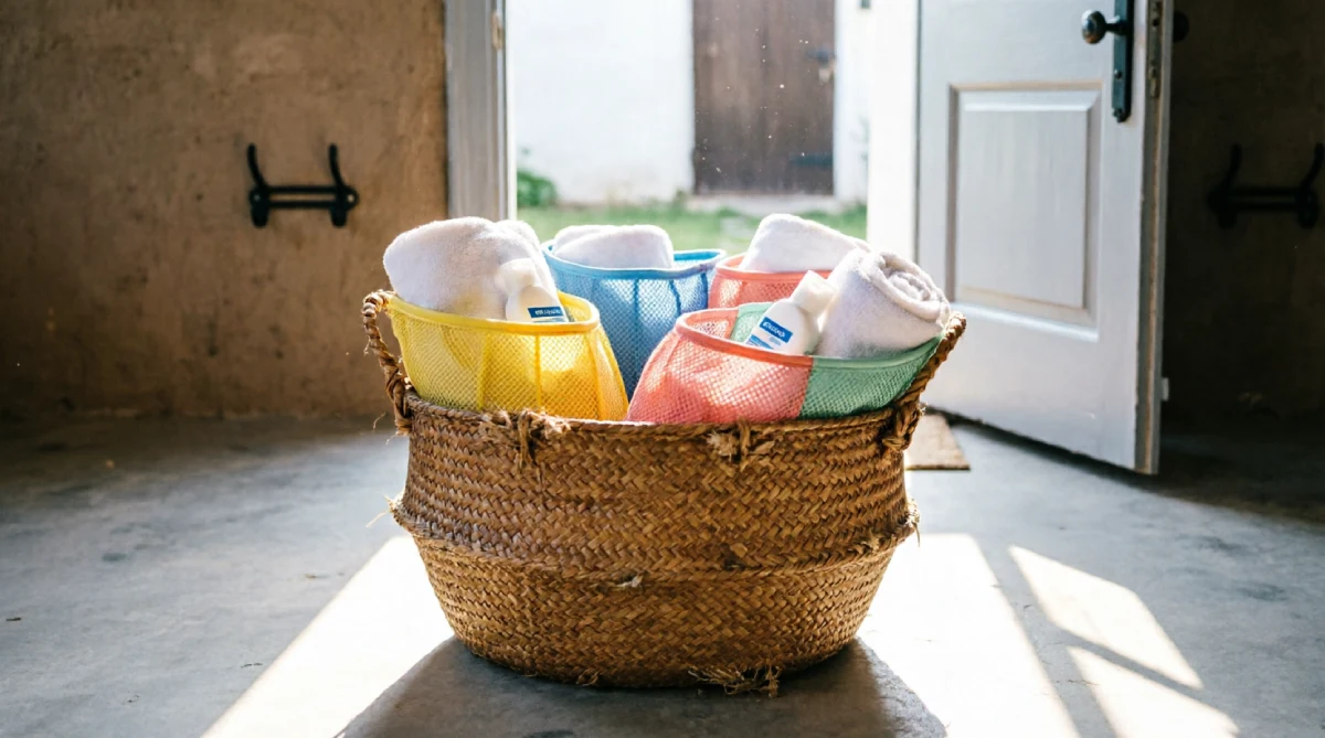 A basket by the door holds mesh bags packed for a day at the pool or beach.