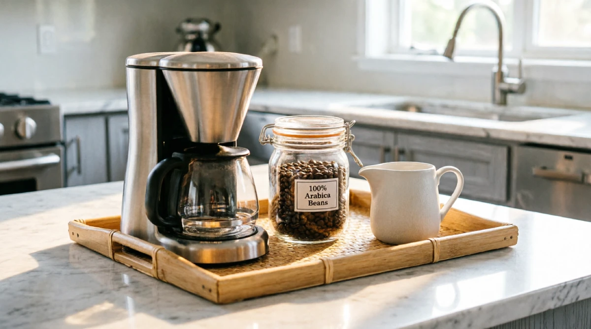 A contained summer coffee station on a tray with a coffee maker and supplies.