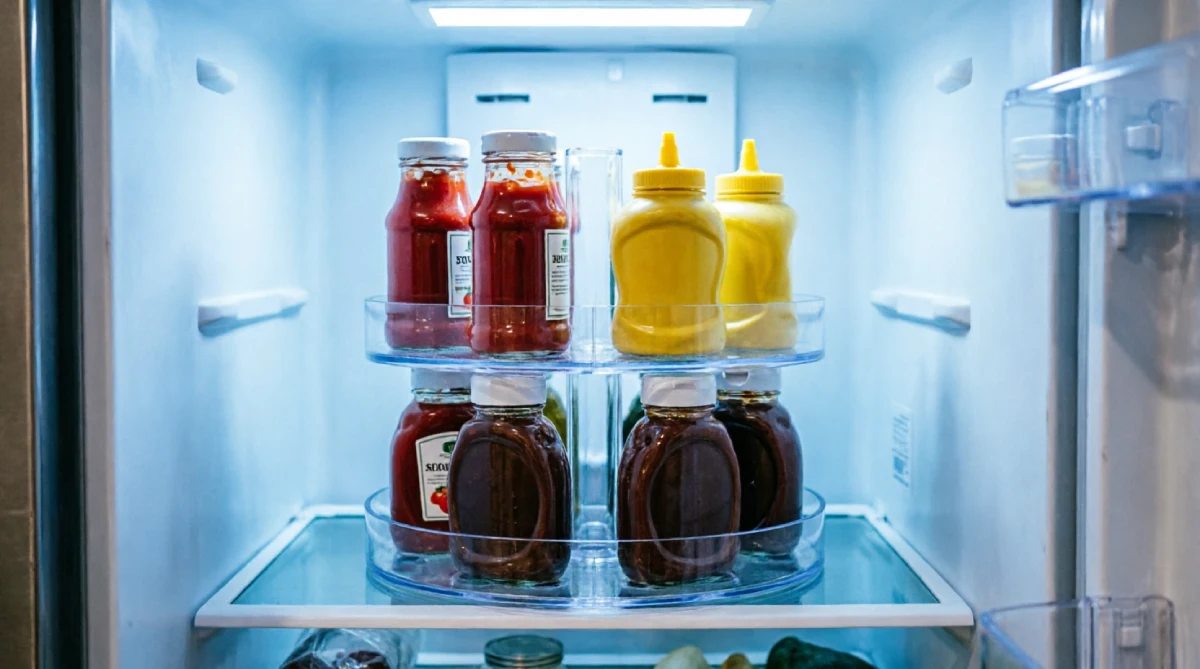 A fridge shelf with a two-tier turntable organizing summer condiments and sauces.