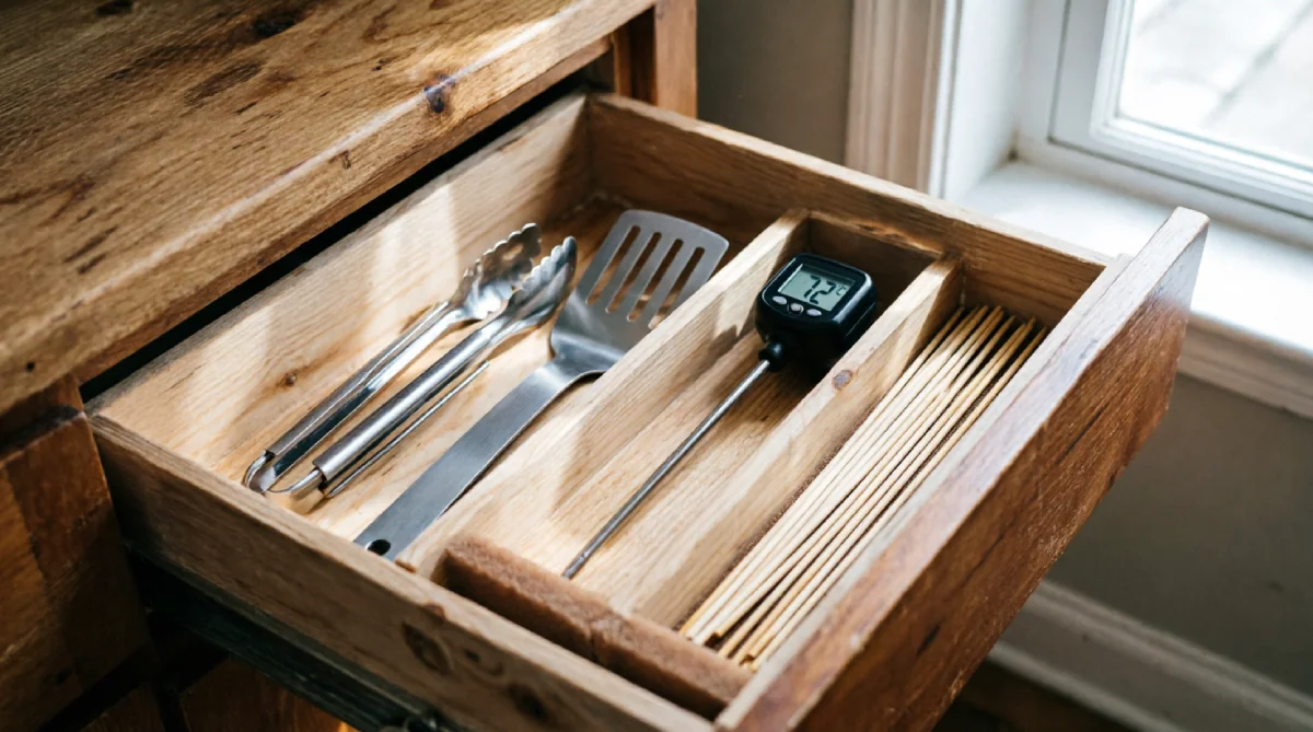 An organized kitchen drawer stocked with grilling tools for easy summer barbecues