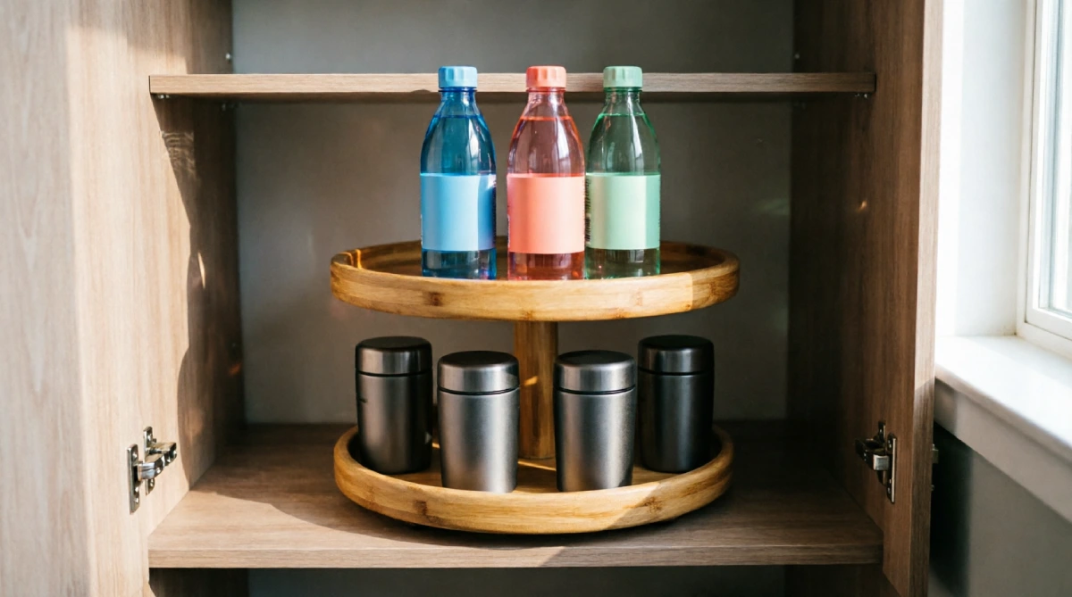 A lower kitchen cabinet organized as a hydration station with reusable water bottles on a lazy Susan.