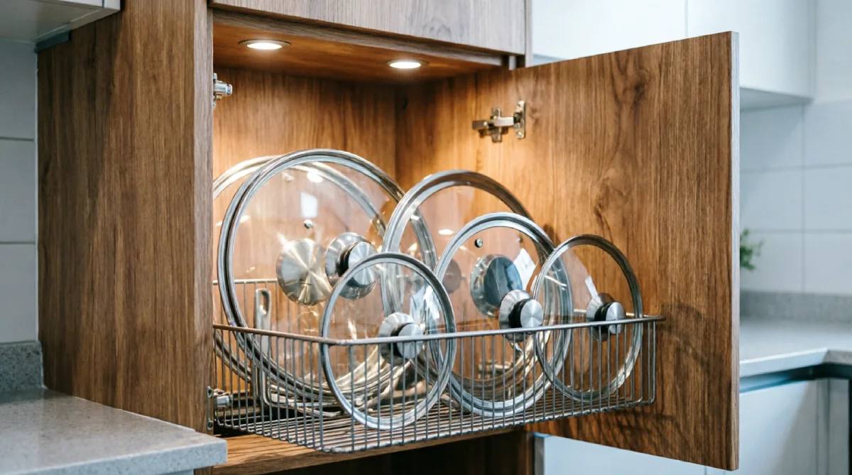 The inside of a cabinet door equipped with a rack holding pot lids vertically