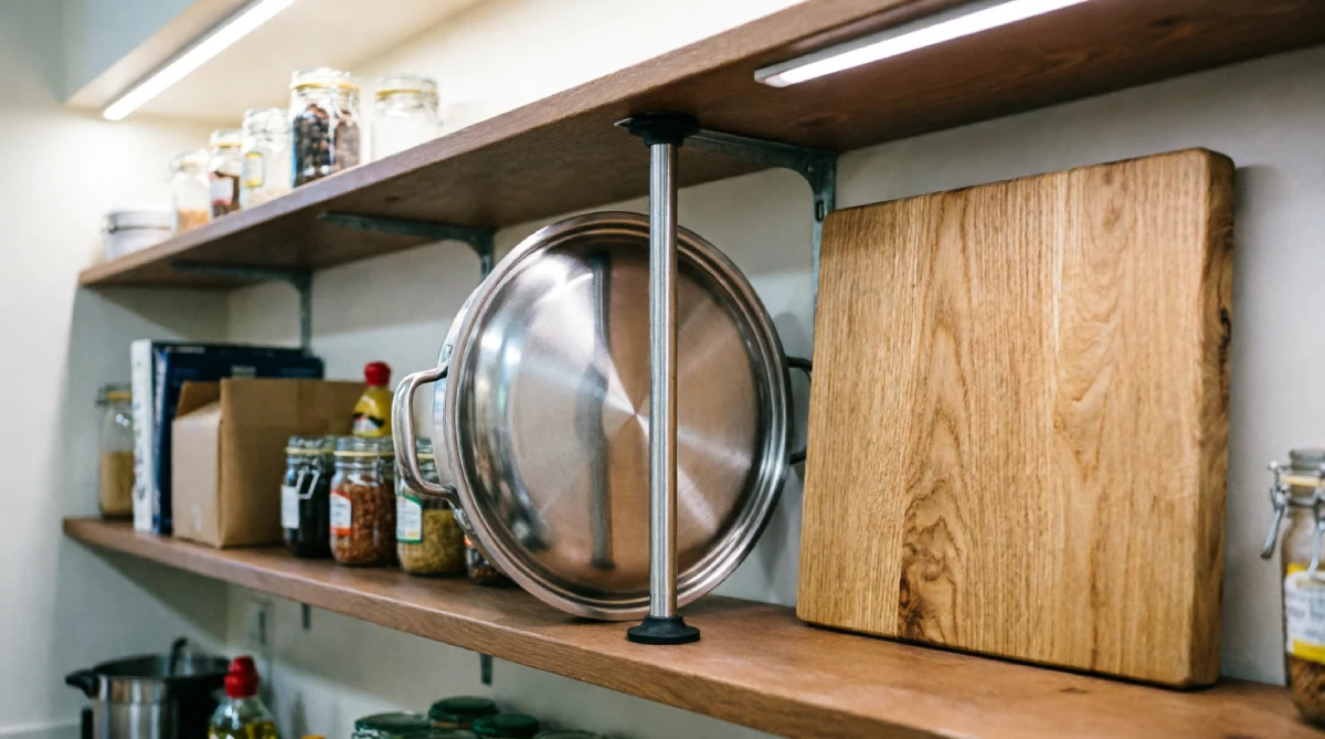 A tension rod in a pantry shelf holds a large pot lid and cutting board upright.