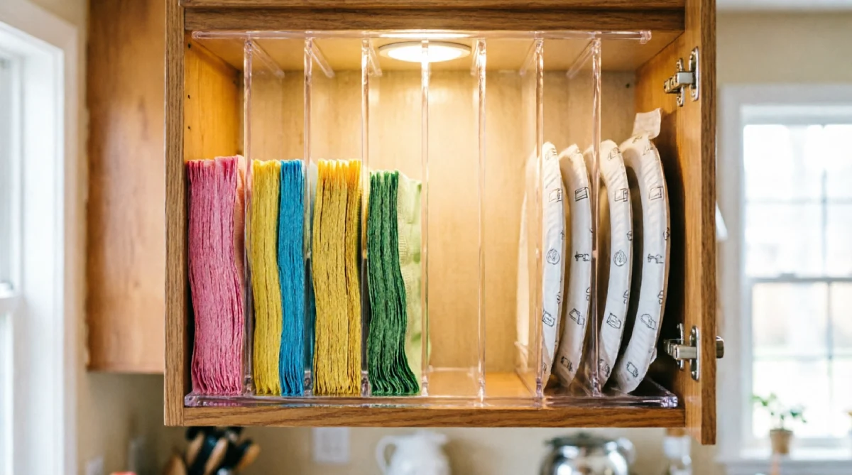 An open cabinet showing summer paper plates and napkins stored vertically with dividers.