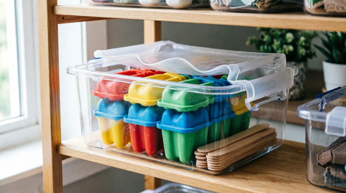 A clear bin holds popsicle-making supplies including molds and sticks on a shelf.