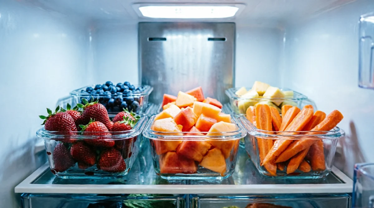 Open fridge shelf with clear containers of prepped summer fruits and vegetables