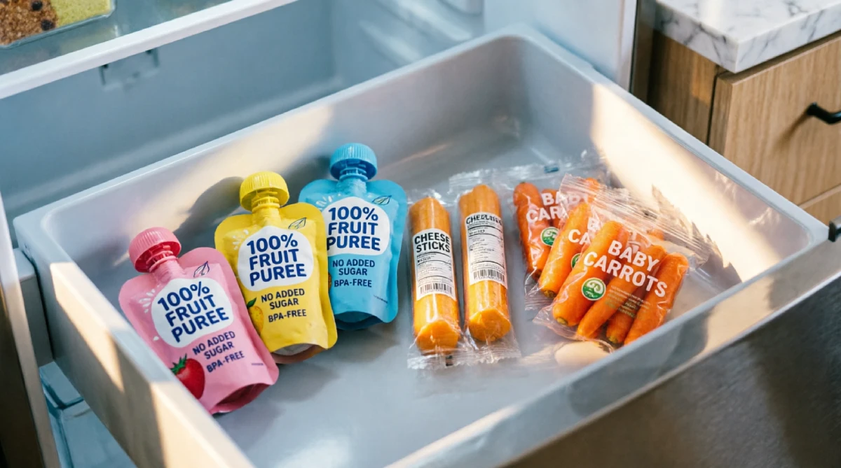 A low kitchen drawer organized with healthy, kid-accessible summer snacks.
