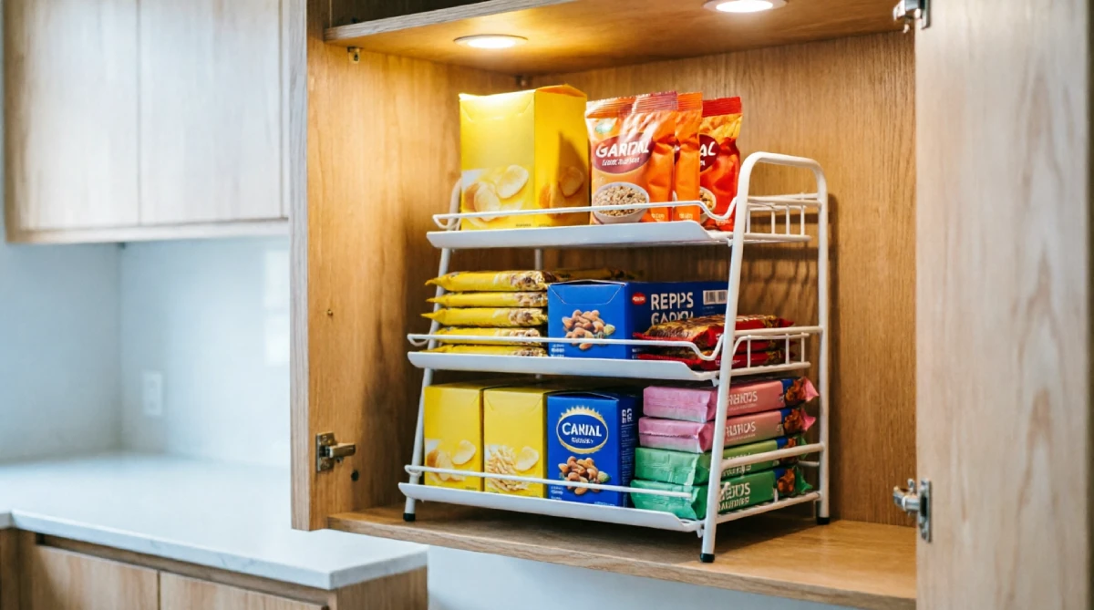 An open pantry cabinet with a tiered shelf organizer displaying various snacks.