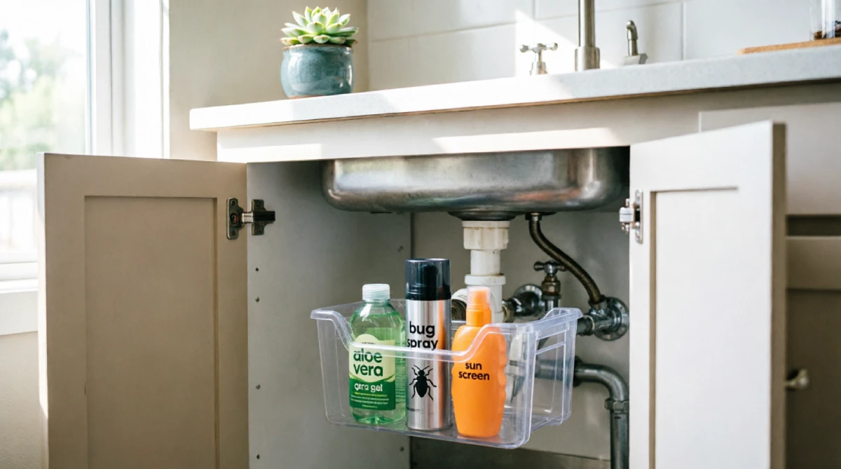 An organized under-sink cabinet with a caddy for summer skin care and bug spray.