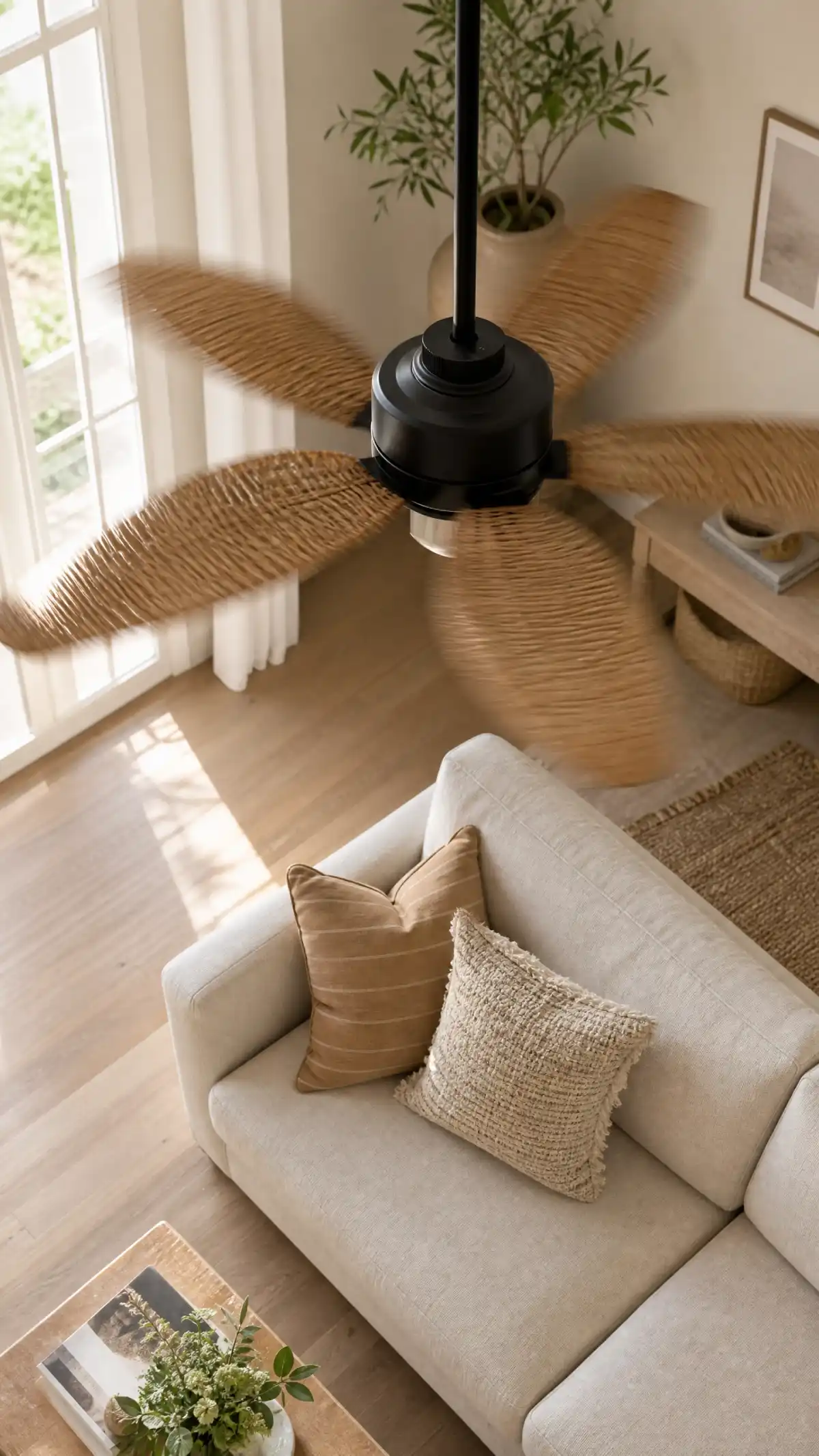 13 Summer Living Room Decor Ideas That Feel Fresh and Bright - Living Room - Homedecortoday Rattan-blade ceiling fan circulating air in a bright summer living room