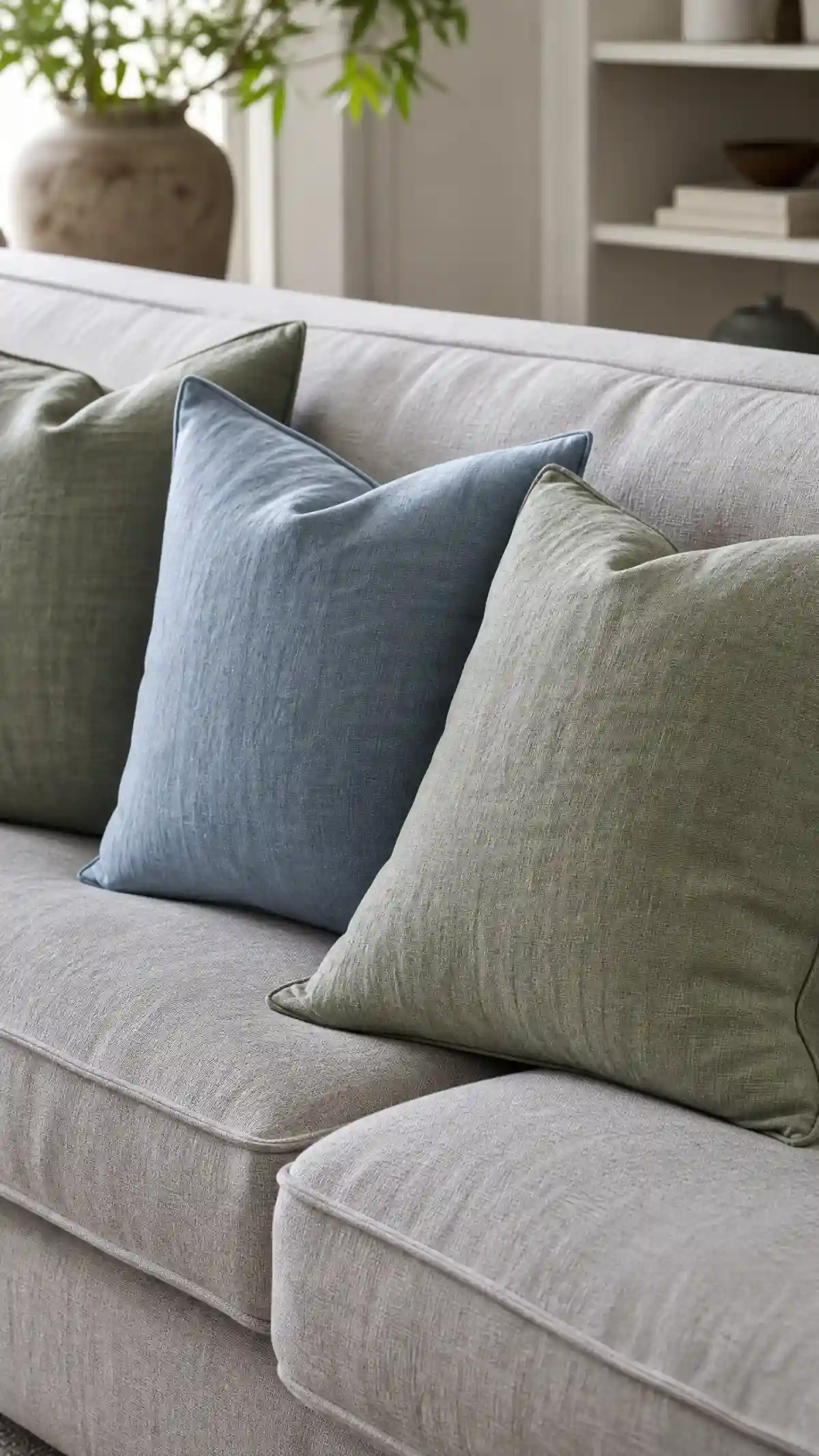 13 Summer Living Room Decor Ideas That Feel Fresh and Bright - Living Room - Homedecortoday Linen throw pillows in soft blue and sage on a summer living room sofa
