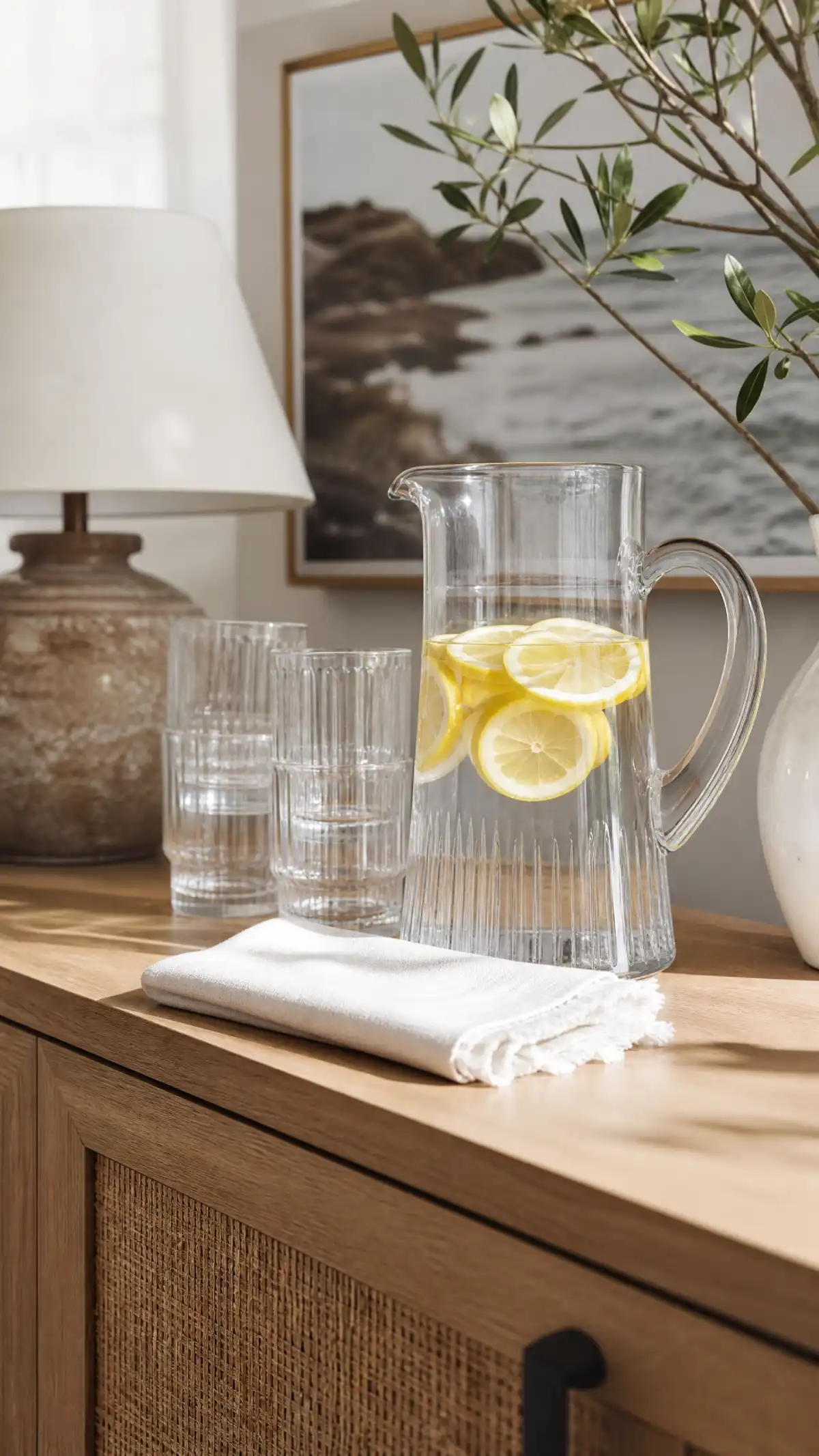 13 Summer Living Room Decor Ideas That Feel Fresh and Bright - Living Room - Homedecortoday Glass pitcher with lemon water on a summer living room sideboard