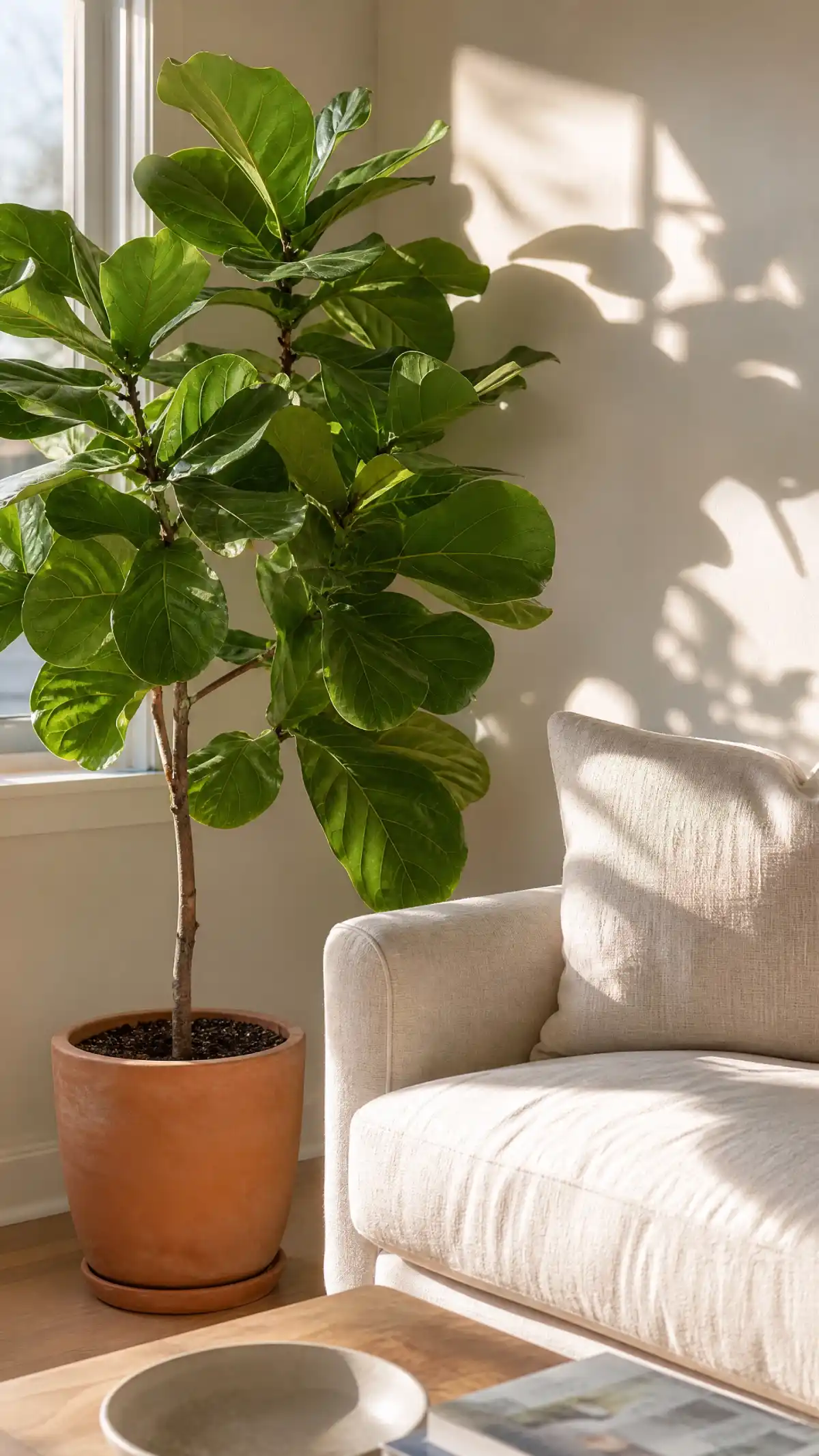 13 Summer Living Room Decor Ideas That Feel Fresh and Bright - Living Room - Homedecortoday Large fiddle leaf fig plant adding greenery to a bright summer living room