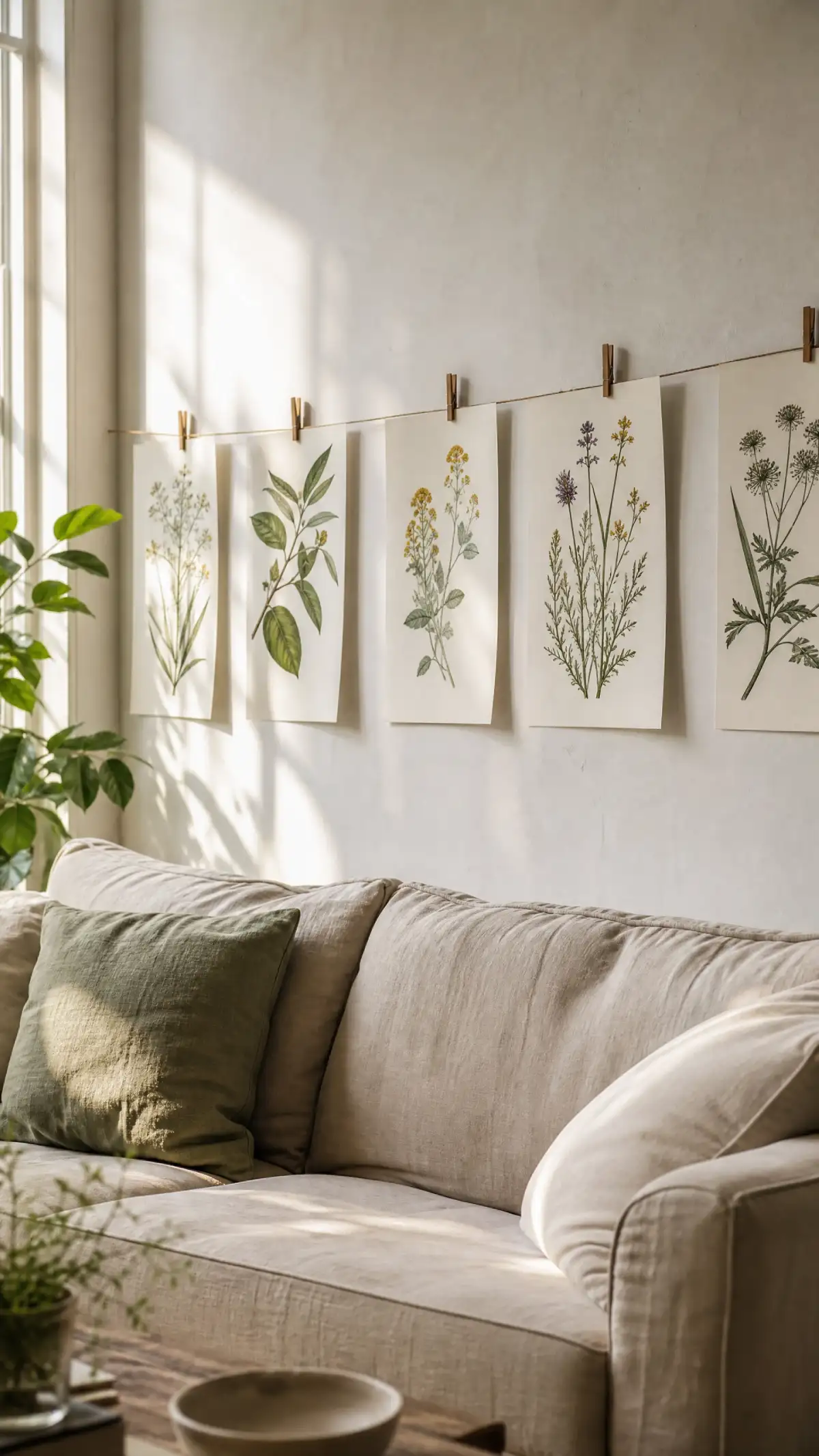 13 Summer Living Room Decor Ideas That Feel Fresh and Bright - Living Room - Homedecortoday Unframed botanical prints on a bright summer living room wall