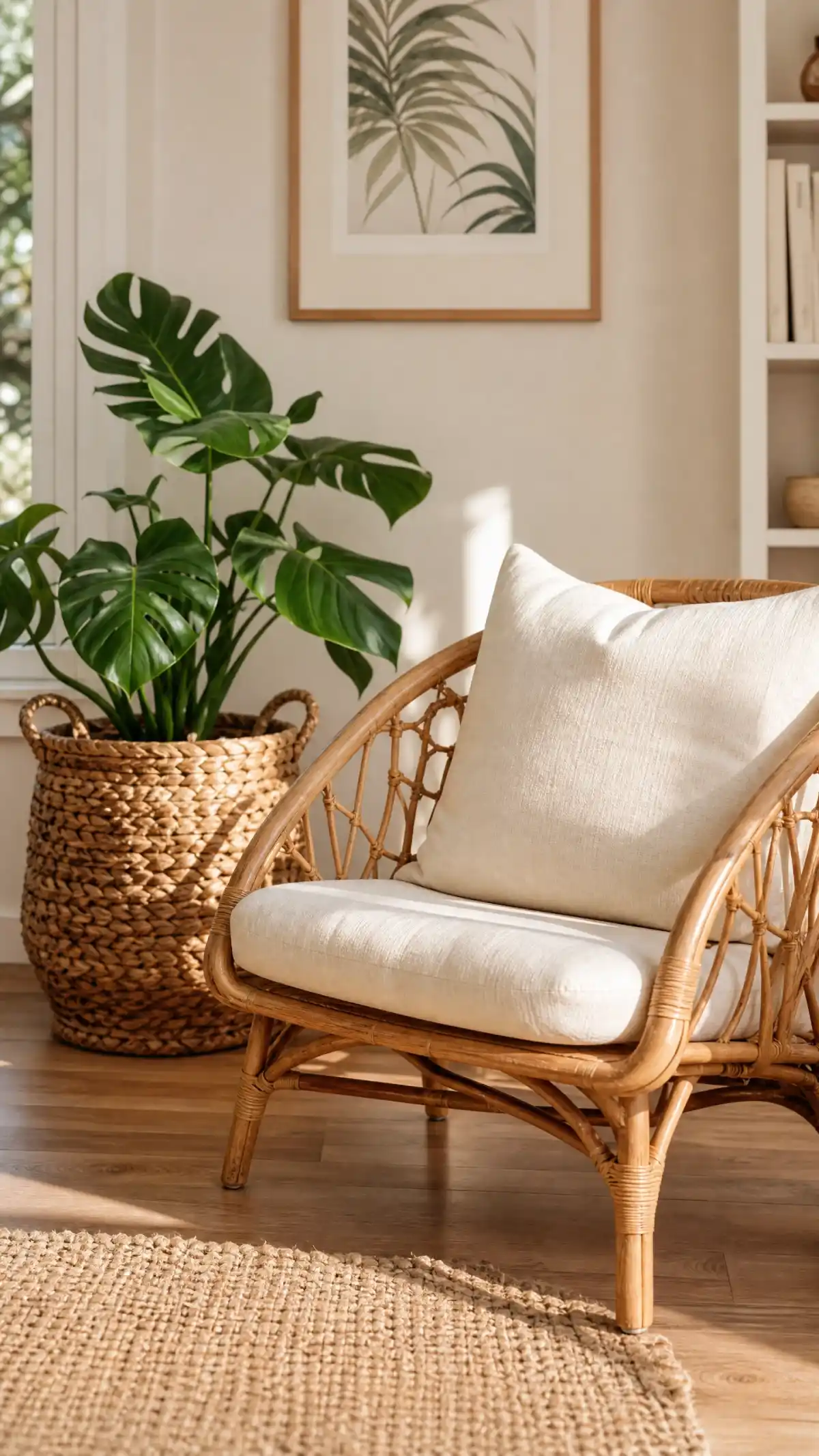 13 Summer Living Room Decor Ideas That Feel Fresh and Bright - Living Room - Homedecortoday Rattan chair and seagrass basket in a sunlit summer living room