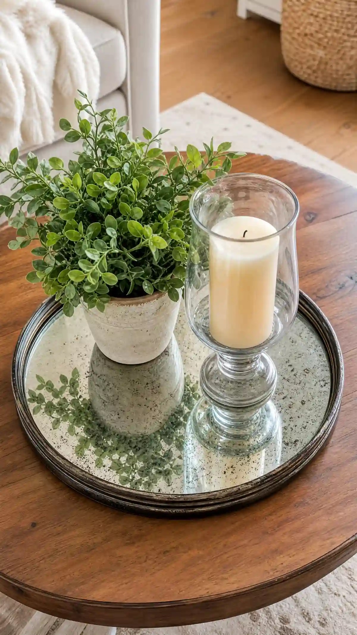 13 Summer Living Room Decor Ideas That Feel Fresh and Bright - Living Room - Homedecortoday Mirror tray and glass decor reflecting light on a summer coffee table