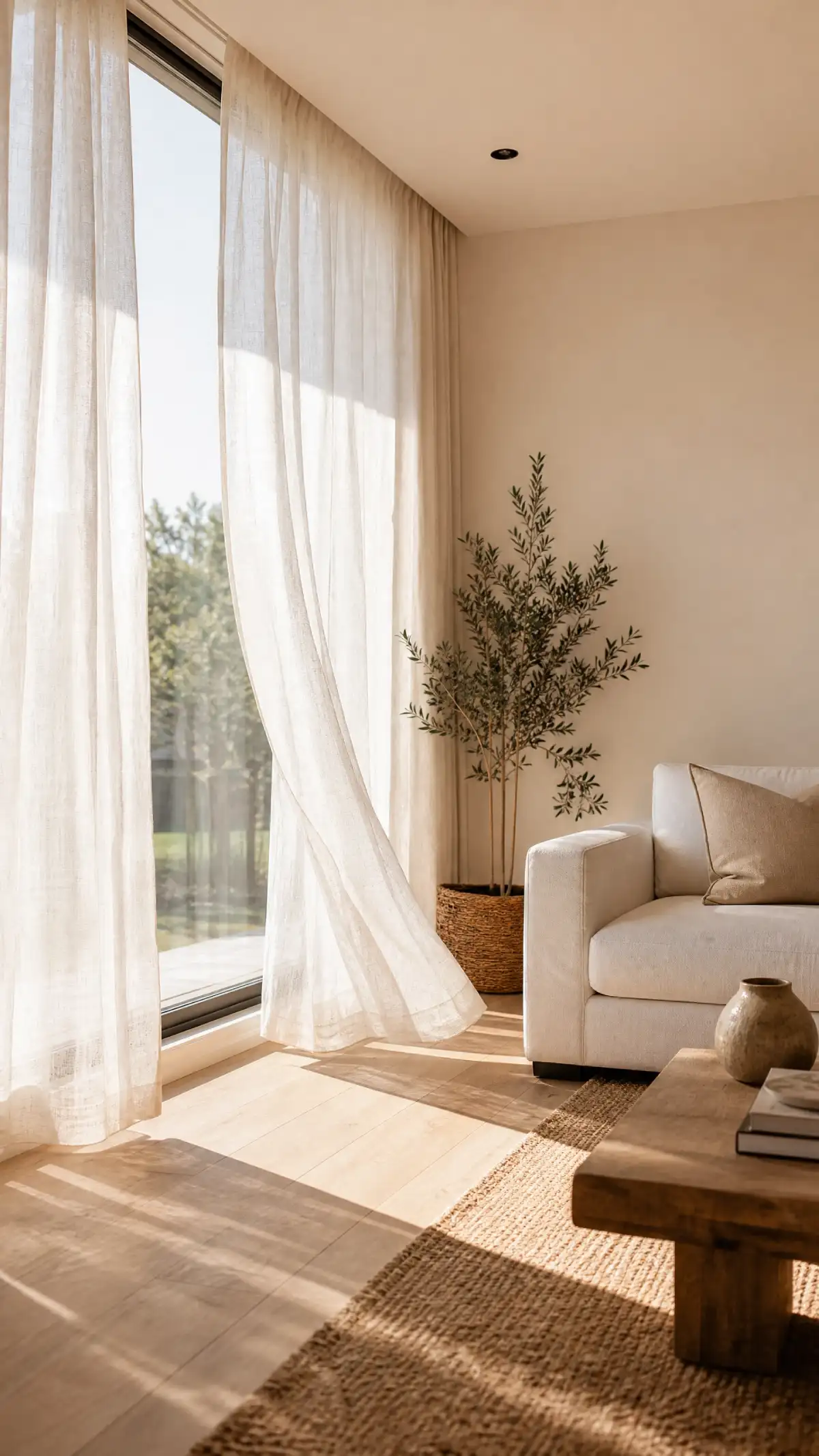 13 Summer Living Room Decor Ideas That Feel Fresh and Bright - Living Room - Homedecortoday Sheer white linen curtains diffusing natural sunlight in a summer living room