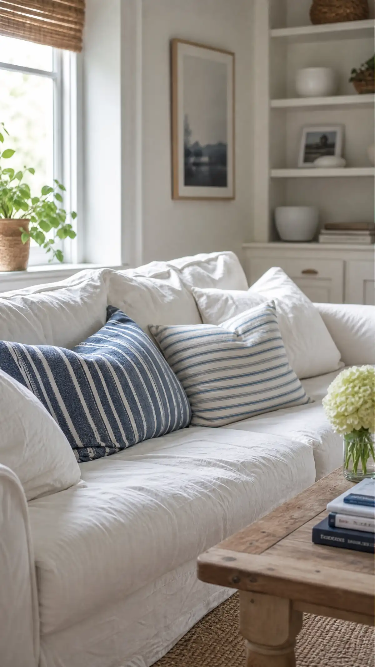 13 Summer Living Room Decor Ideas That Feel Fresh and Bright - Living Room - Homedecortoday White cotton slipcovered sofa in a bright, casual summer living room