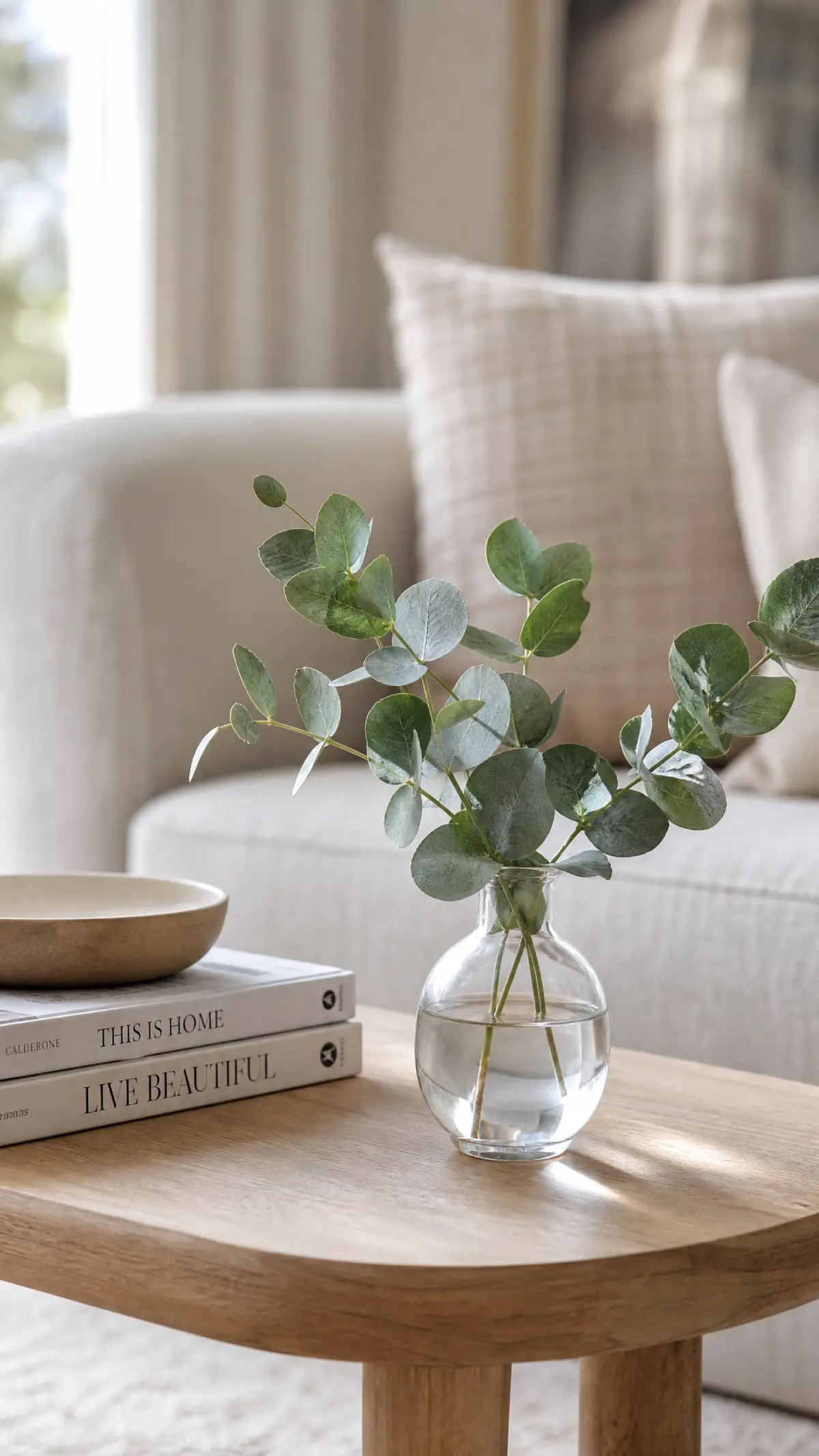 13 Summer Living Room Decor Ideas That Feel Fresh and Bright - Living Room - Homedecortoday Fresh eucalyptus stems in a glass bud vase in a summer living room