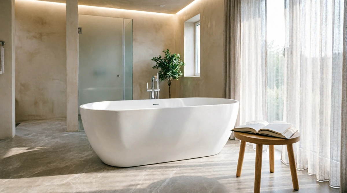 A freestanding bathtub filled with light beside a window, creating a calming summer spa bathroom.