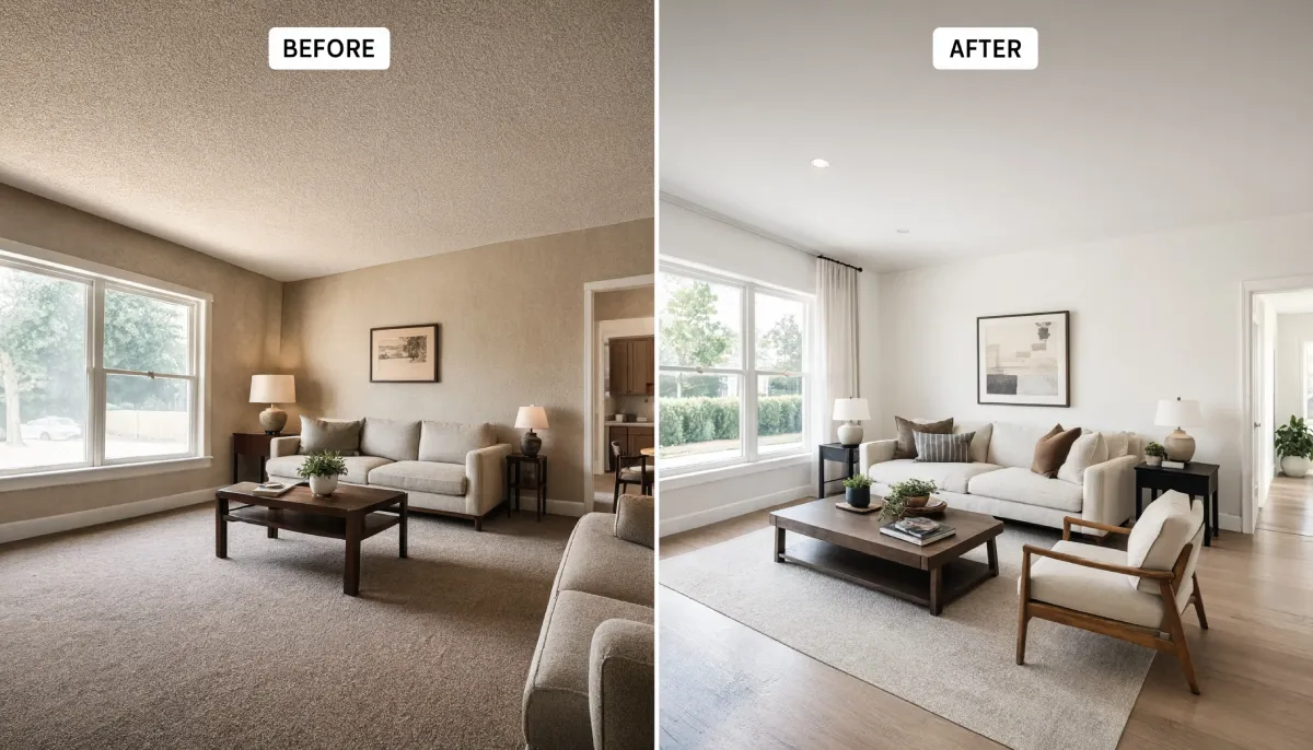 Before and after living room renovation showing textured orange peel walls transformed to smooth wall finish with white paint, new hardwood flooring, and updated furniture.