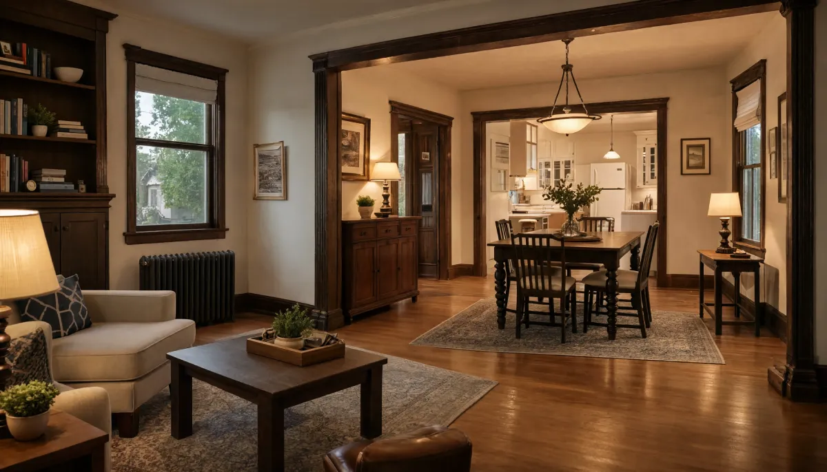 Traditional living room with a beige armchair and dark wood bookshelf opening into a dining area with a wooden table and spindle chairs, featuring hardwood floors and dark wood trim.