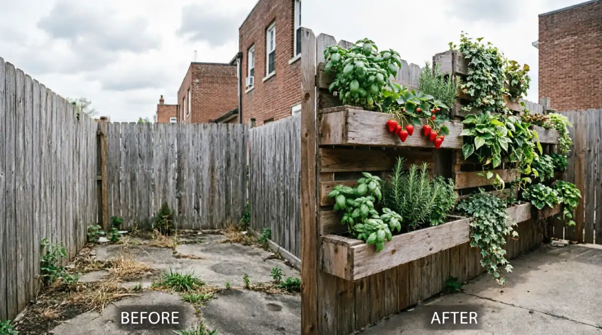 Before and after narrow Brooklyn backyard showing weathered wooden fence with concrete ground transformed into vertical garden wall with mounted wooden pallet planters growing basil, rosemary, strawberries, and trailing ivy