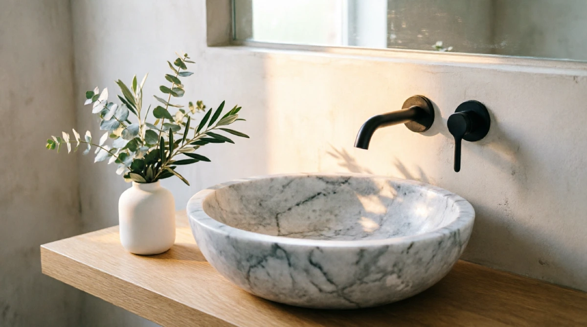 A sculptural marble vessel sink on a wooden vanity, adding a refined summer spa touch.