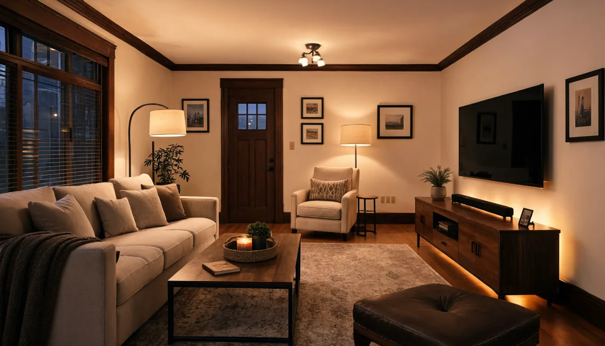 Warmly lit living room at night featuring a beige sofa with throw pillows, a matching armchair, a wooden coffee table with a candle, and a wall-mounted television above a dark wood media console, set against white walls with dark wood crown molding.