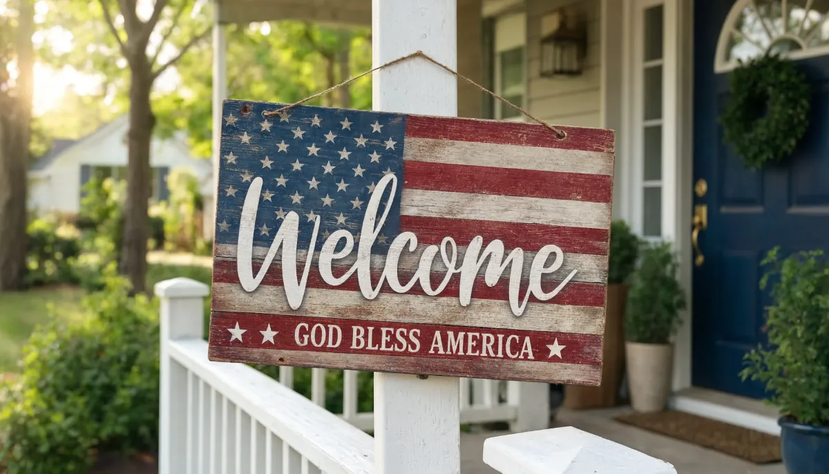 Distressed American flag welcome sign hanging on a white porch post.