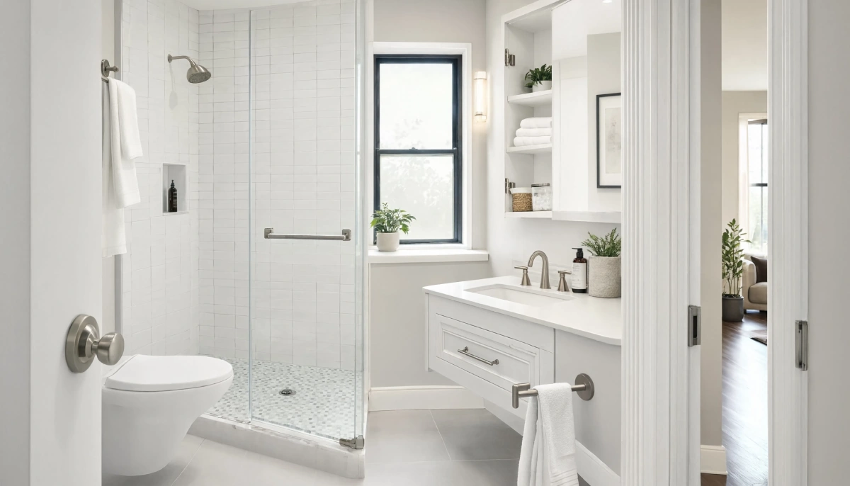 Contemporary white bathroom with frameless glass shower enclosure, white subway tile walls, penny tile flooring, floating white vanity with chrome fixtures, black framed window, and built-in storage shelving